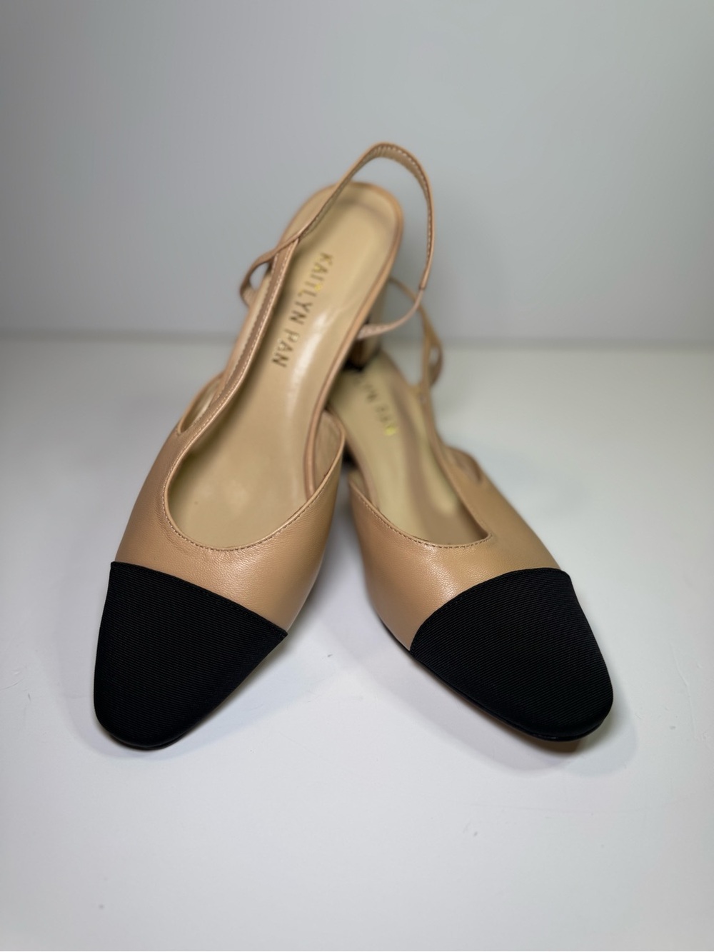 Kaitlyn Pan Beige Nude Black Cap Toe Sling Black Size 7.5 38 Classic Block Heel